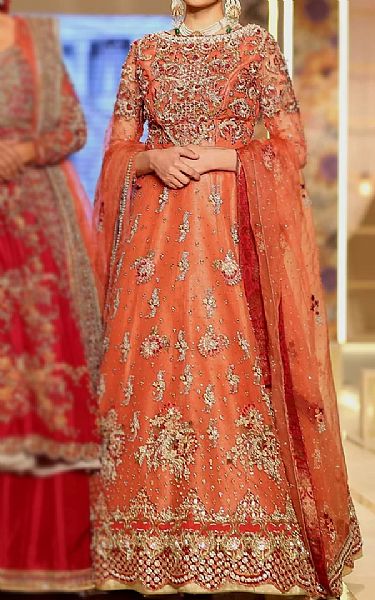  Orange Organza Suit | Pakistani Party Wear Dresses- Image 1
