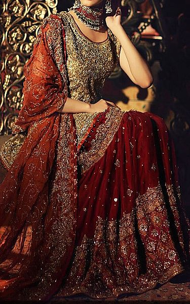  Maroon Chiffon Suit | Pakistani Wedding Dresses- Image 1