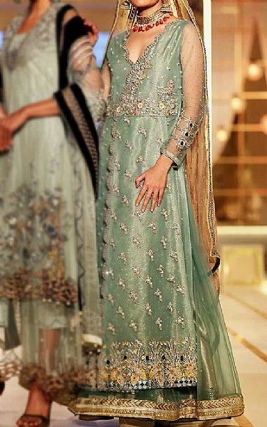  Sage Green Organza Suit | Pakistani Party Wear Dresses- Image 1