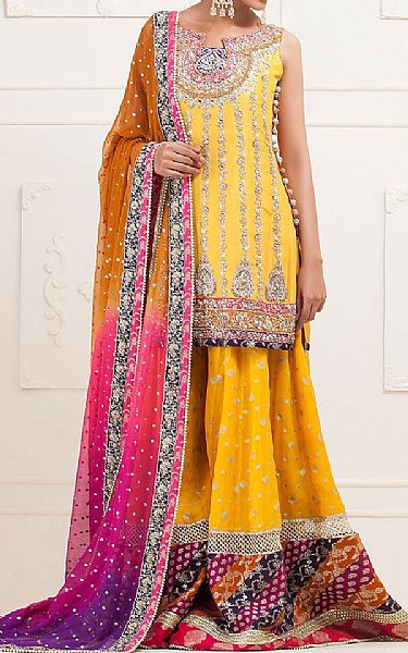  Yellow Crinkle Chiffon Suit | Pakistani Party Wear Dresses- Image 1