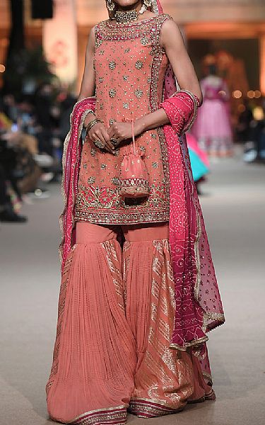 Coral Chiffon Suit | Pakistani Party Wear Dresses-Image 1