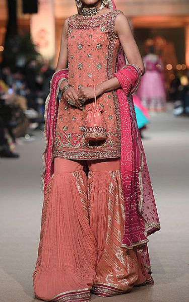  Coral Chiffon Suit | Pakistani Party Wear Dresses- Image 1