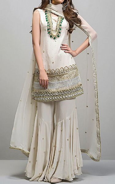  Off-white Chiffon Suit | Pakistani Party Wear Dresses- Image 1