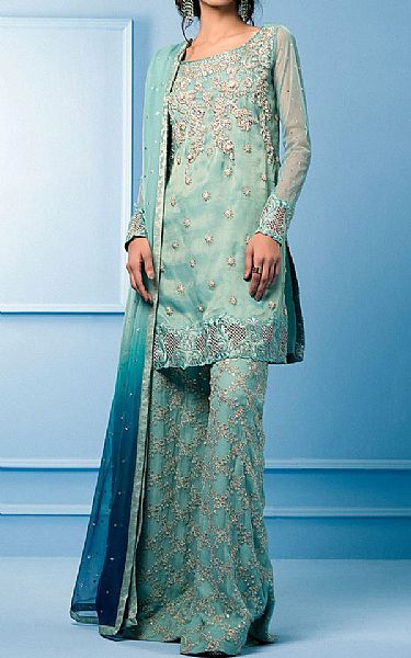  Turquoise Chiffon Suit | Pakistani Party Wear Dresses- Image 1