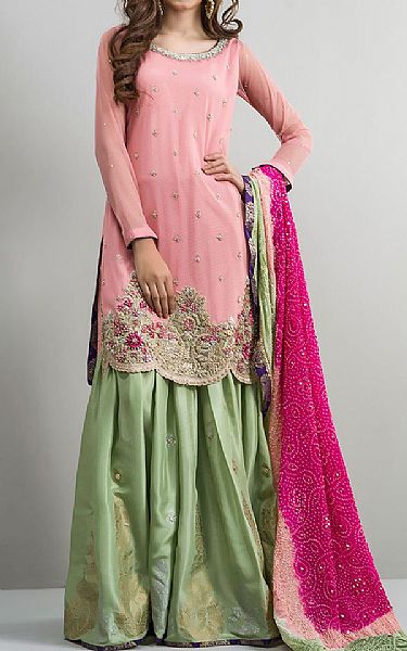  Pink/Pistachio Chiffon Suit | Pakistani Party Wear Dresses USA- Image 1