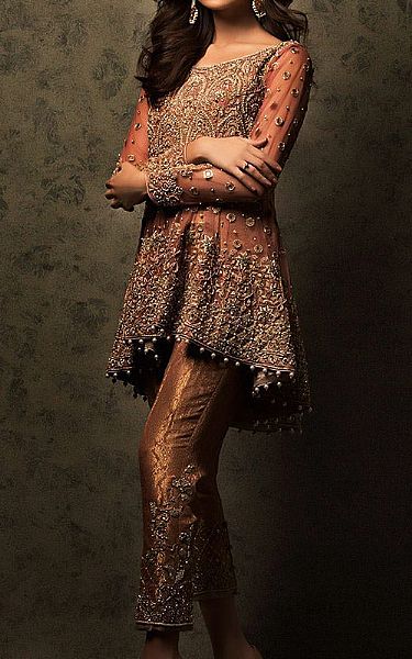  Rust Chiffon Suit | Pakistani Party Wear Dresses- Image 1