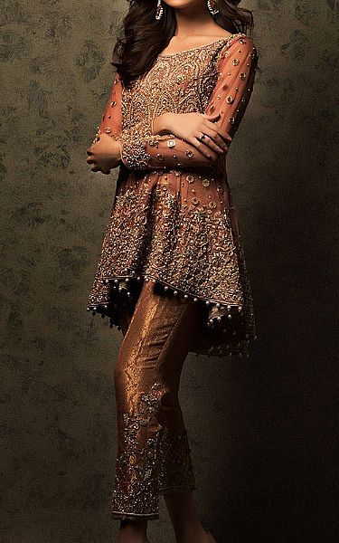 Rust Chiffon Suit | Pakistani Party Wear Dresses USA- Image 1