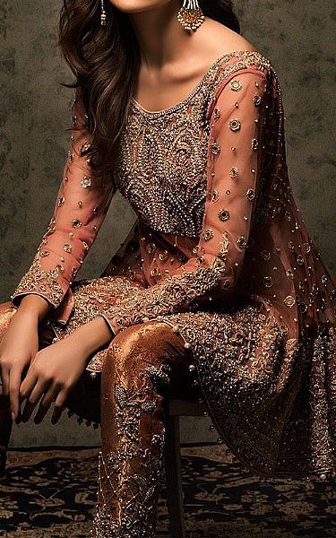  Rust Chiffon Suit | Pakistani Party Wear Dresses USA- Image 2