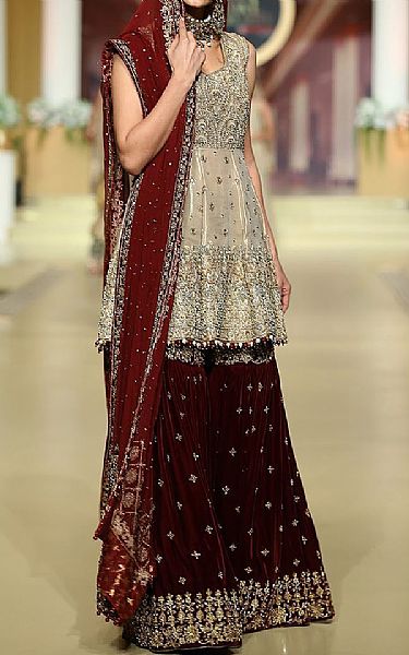 Ivory/Maroon Chiffon Suit | Pakistani Wedding Dresses