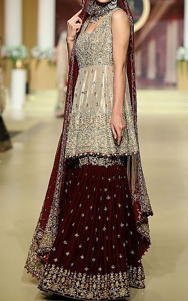  Ivory/Maroon Chiffon Suit | Pakistani Wedding Dresses- Image 2