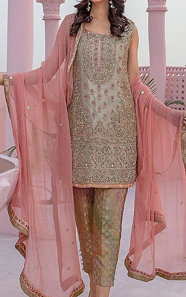  Sand Grey Silk Suit | Pakistani Party Wear Dresses- Image 1