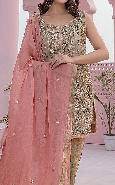  Sand Grey Silk Suit | Pakistani Party Wear Dresses- Image 2