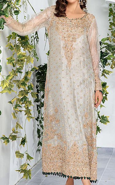  Light Grey Organza Suit | Pakistani Party Wear Dresses- Image 1