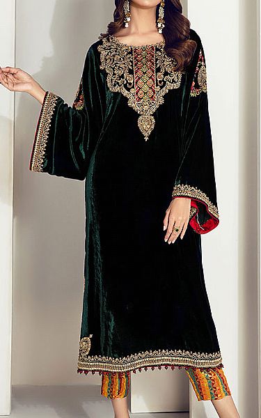  Bottle Green Velvet Suit | Pakistani Party Wear Dresses- Image 1