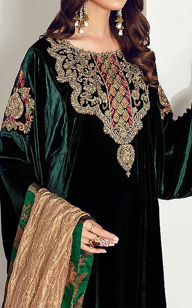  Bottle Green Velvet Suit | Pakistani Party Wear Dresses- Image 2