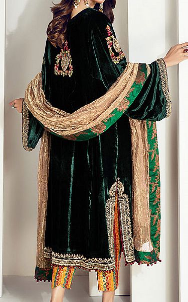  Bottle Green Velvet Suit | Pakistani Party Wear Dresses- Image 3