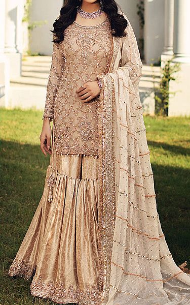  Beige Crinkle Chiffon Suit | Pakistani Wedding Dresses- Image 1