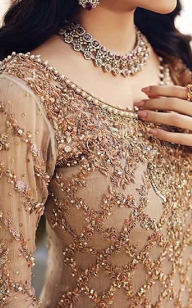  Beige Crinkle Chiffon Suit | Pakistani Wedding Dresses- Image 3