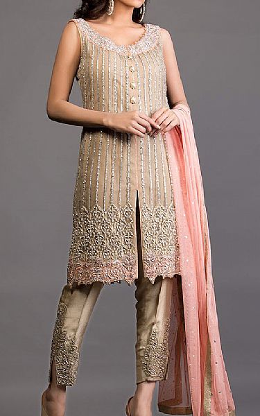  Tan Crinkle Chiffon Suit | Pakistani Party Wear Dresses- Image 1