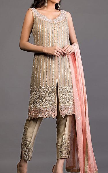  Tan Crinkle Chiffon Suit | Pakistani Party Wear Dresses USA- Image 1