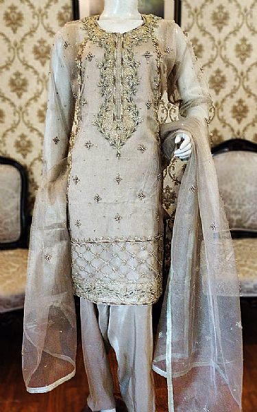  Beige Net Suit | Pakistani Party Wear Dresses- Image 1