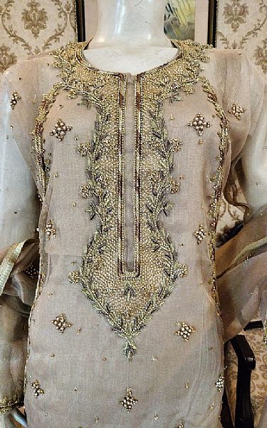  Beige Net Suit | Pakistani Party Wear Dresses- Image 2