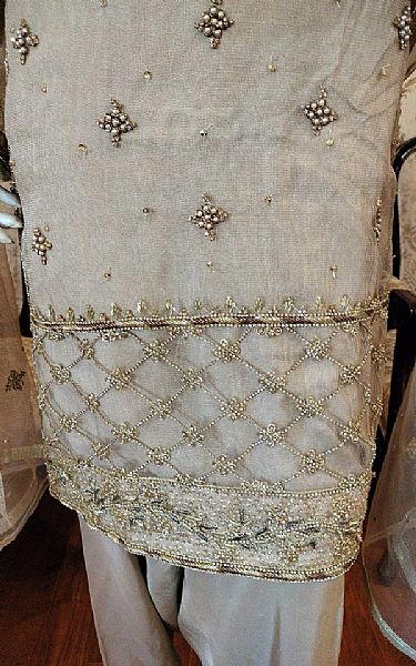  Beige Net Suit | Pakistani Party Wear Dresses- Image 3