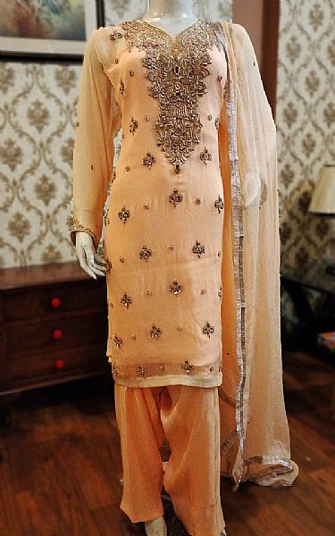  Peach Chiffon Suit | Pakistani Party Wear Dresses- Image 1