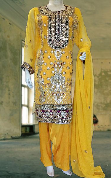  Yellow Chiffon Suit | Pakistani Party Wear Dresses- Image 1