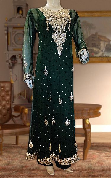  Bottle Green Chiffon Suit | Pakistani Party Wear Dresses- Image 1