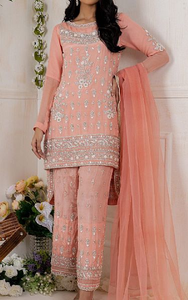  Peach Crinkle Chiffon Suit | Pakistani Party Wear Dresses USA- Image 1