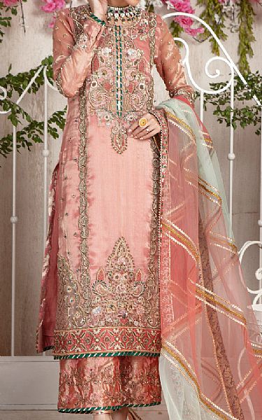  Peach Tissue Suit | Pakistani Party Wear Dresses- Image 1