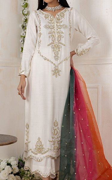  White Raw Silk Suit | Pakistani Party Wear Dresses- Image 1