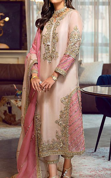  Ivory/Pink Crinkle Chiffon Suit | Pakistani Party Wear Dresses- Image 1