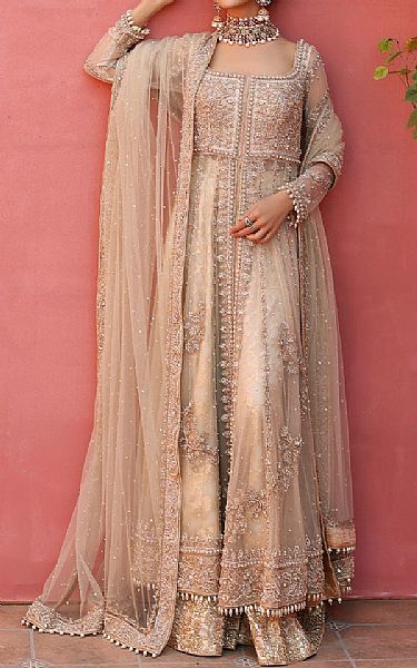  Light Golden Chiffon Suit | Pakistani Wedding Dresses- Image 1