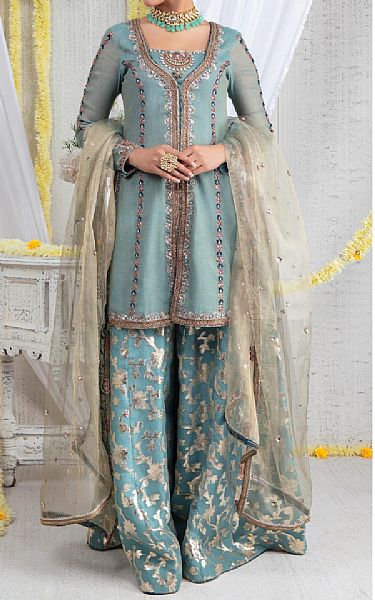  Cadet Blue Chiffon Suit | Pakistani Party Wear Dresses- Image 1