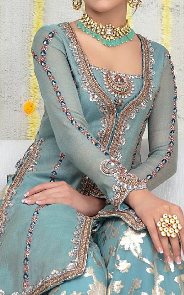  Cadet Blue Chiffon Suit | Pakistani Party Wear Dresses- Image 3