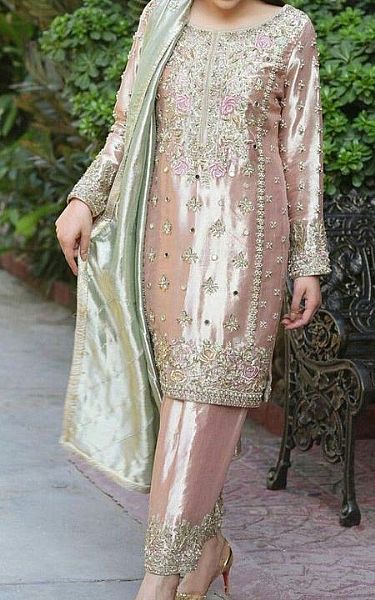  Peach Tissue Suit | Pakistani Party Wear Dresses- Image 1