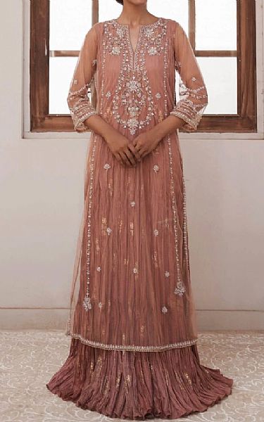  Tea Pink Net Suit | Pakistani Party Wear Dresses- Image 1