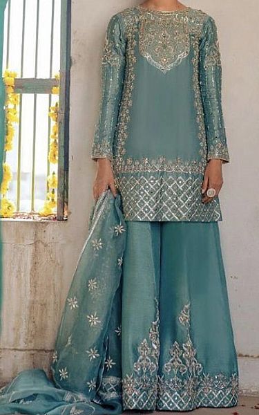  Mist Blue Crinkle Chiffon Suit | Pakistani Party Wear Dresses- Image 1