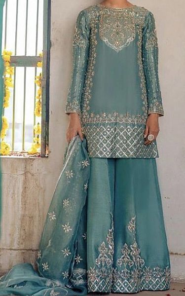  Mist Blue Crinkle Chiffon Suit | Pakistani Party Wear Dresses USA- Image 1