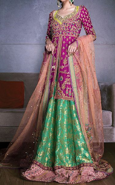  Magenta/Green Crinkle Chiffon Suit | Pakistani Wedding Dresses- Image 1