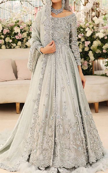  Light Grey Raw Silk Suit | Pakistani Wedding Dresses- Image 1