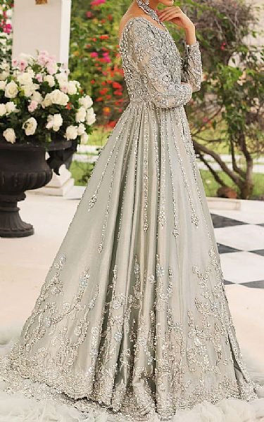  Light Grey Raw Silk Suit | Pakistani Wedding Dresses- Image 2