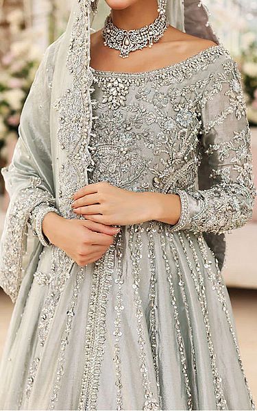  Light Grey Raw Silk Suit | Pakistani Wedding Dresses- Image 3