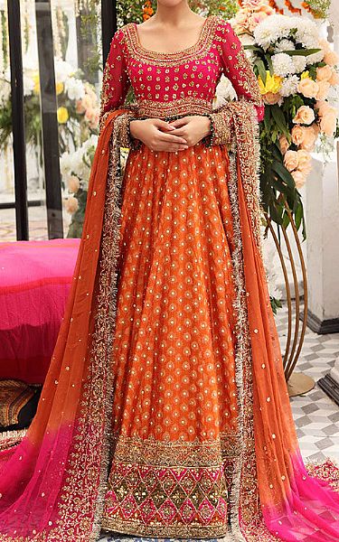  Orange/Pink Chiffon Suit | Pakistani Wedding Dresses- Image 1