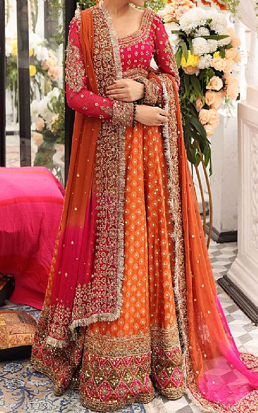 Orange/Pink Chiffon Suit | Pakistani Wedding Dresses- Image 2
