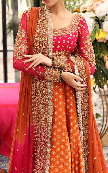  Orange/Pink Chiffon Suit | Pakistani Wedding Dresses- Image 3