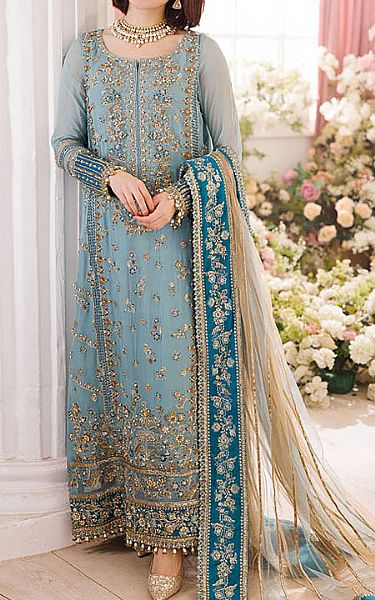  Blue/Fawn Crinkle Chiffon Suit | Pakistani Party Wear Dresses USA- Image 1