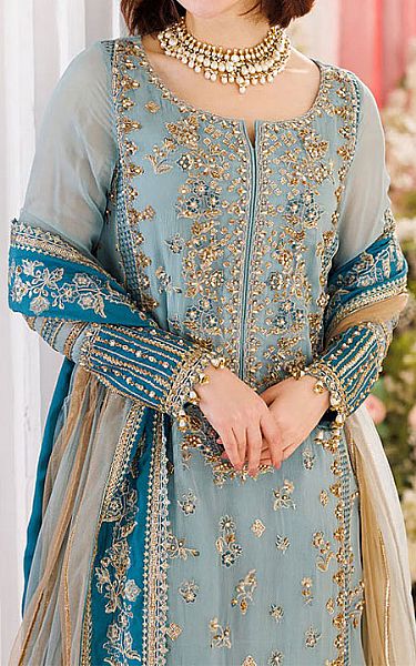  Blue/Fawn Crinkle Chiffon Suit | Pakistani Party Wear Dresses USA- Image 2